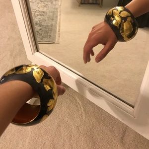 Black and Gold Elephant Wide Bangle Bracelet
